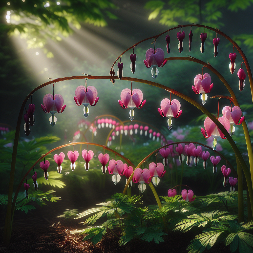 A close-up photograph of elegant bleeding heart flowers (Dicentra spectabilis) with their distinctive heart-shaped pink and white blooms dangling from arched stems in a woodland garden setting with dappled sunlight filtering through trees, rich green foliage in the background, natural morning light, photorealistic style