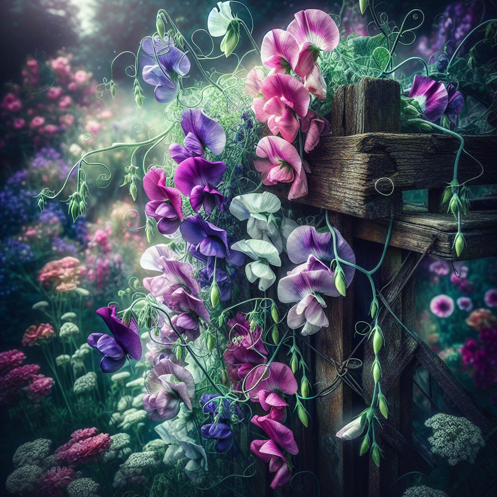 Create a close-up image of vibrant sweet pea flowers in shades of purple, pink, and white climbing up a rustic wooden trellis in a cottage garden setting. Show the delicate tendrils wrapping around the support structure with soft, natural lighting highlighting the ruffled petals and creating a dreamy atmosphere. Include a few flowers in different stages of blooming to showcase their beauty.