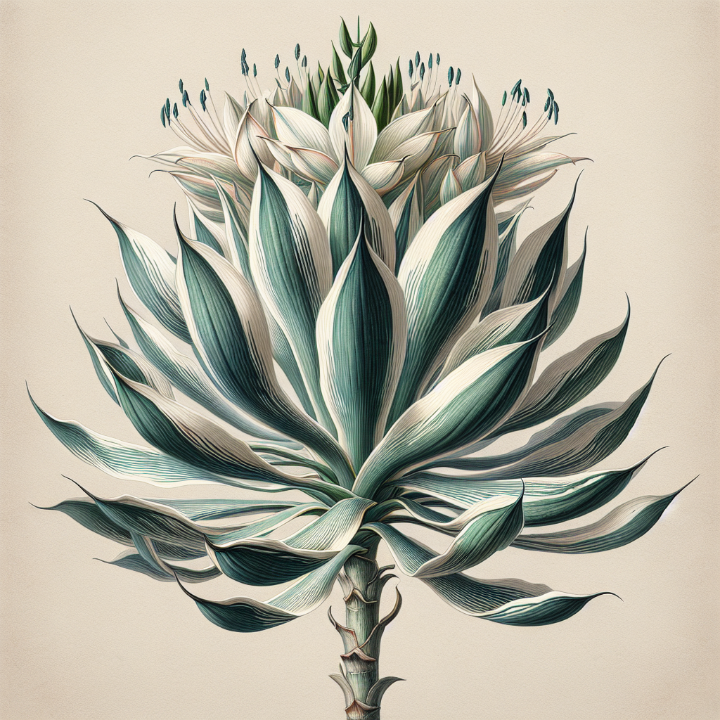 Based on the article, the plant species is: Scientific name: Agave mediopicta alba Common name: Variegated Century Plant (also mentioned as White-striped Agave)