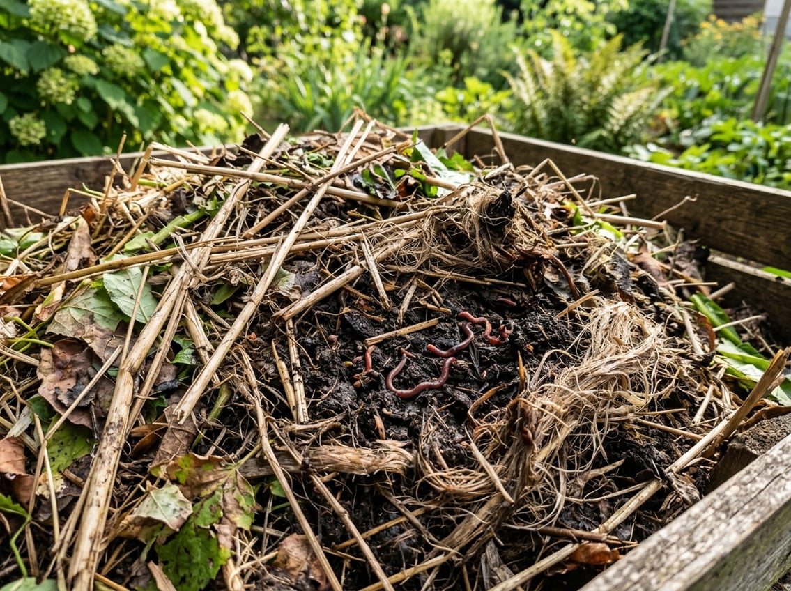 Close-up of a compost bin with flax stalks decomposing among other organic materials in a garden setting.