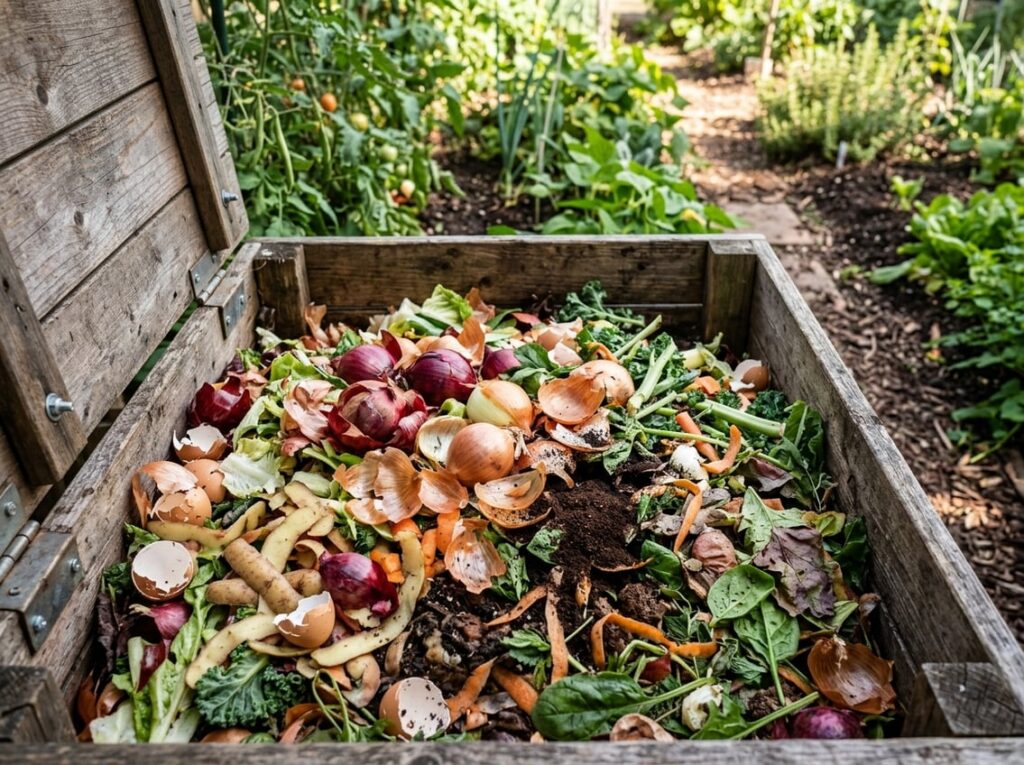 Close-up of a compost bin filled with onions and other kitchen scraps in a garden setting.