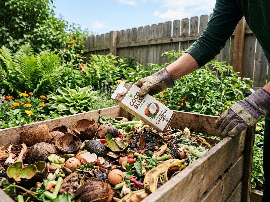 Hands adding a coconut milk carton and coconut shells into a compost bin in a garden surrounded by green plants.