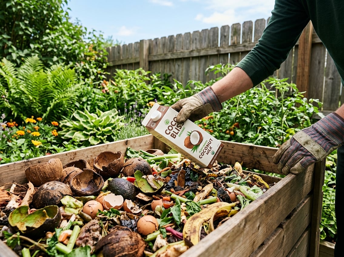 Hands adding a coconut milk carton and coconut shells into a compost bin in a garden surrounded by green plants.