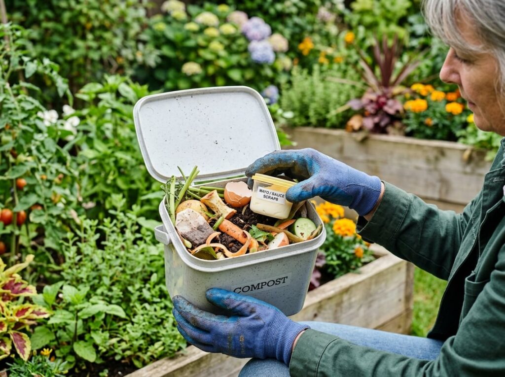 Gardener holding a small compost bin with organic waste and a sealed container, standing in a green garden.
