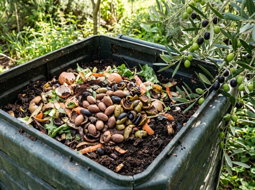 A compost bin outdoors filled with olive pits, peels, and other kitchen scraps with fresh olives on branches nearby.