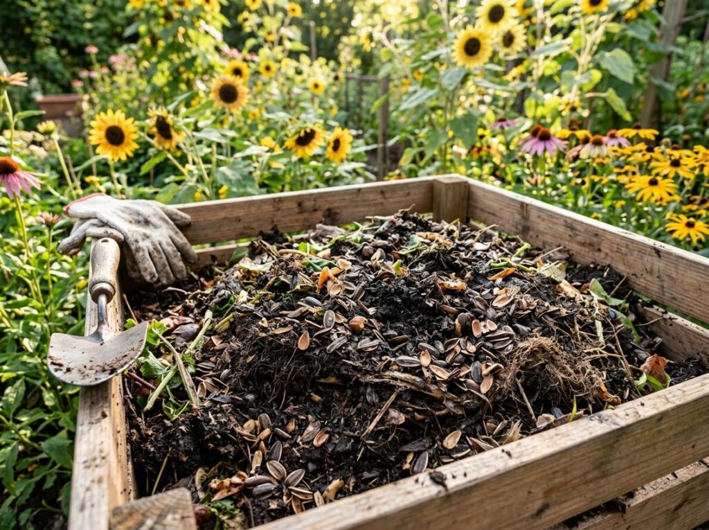 Close-up of a compost bin with decomposing sunflower seeds and garden plants in the background.