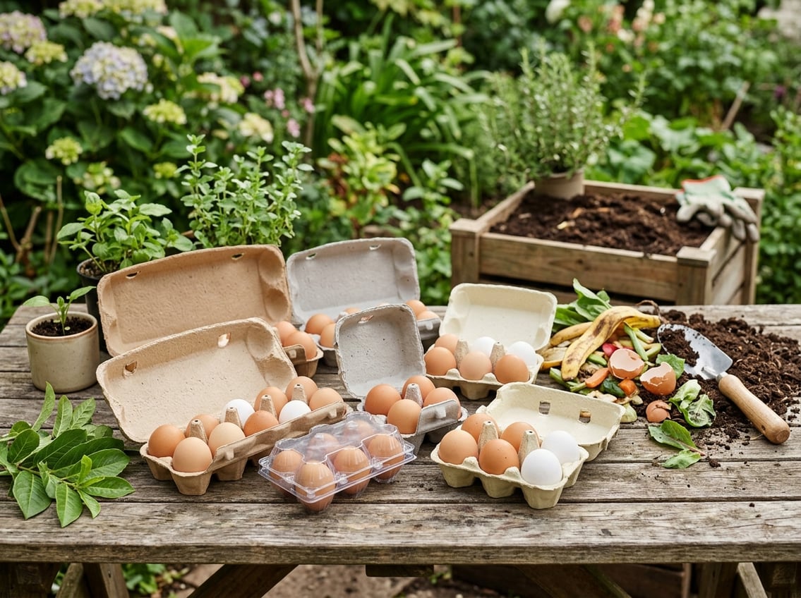 Close-up of different egg cartons on a wooden table next to compost materials and a garden background.