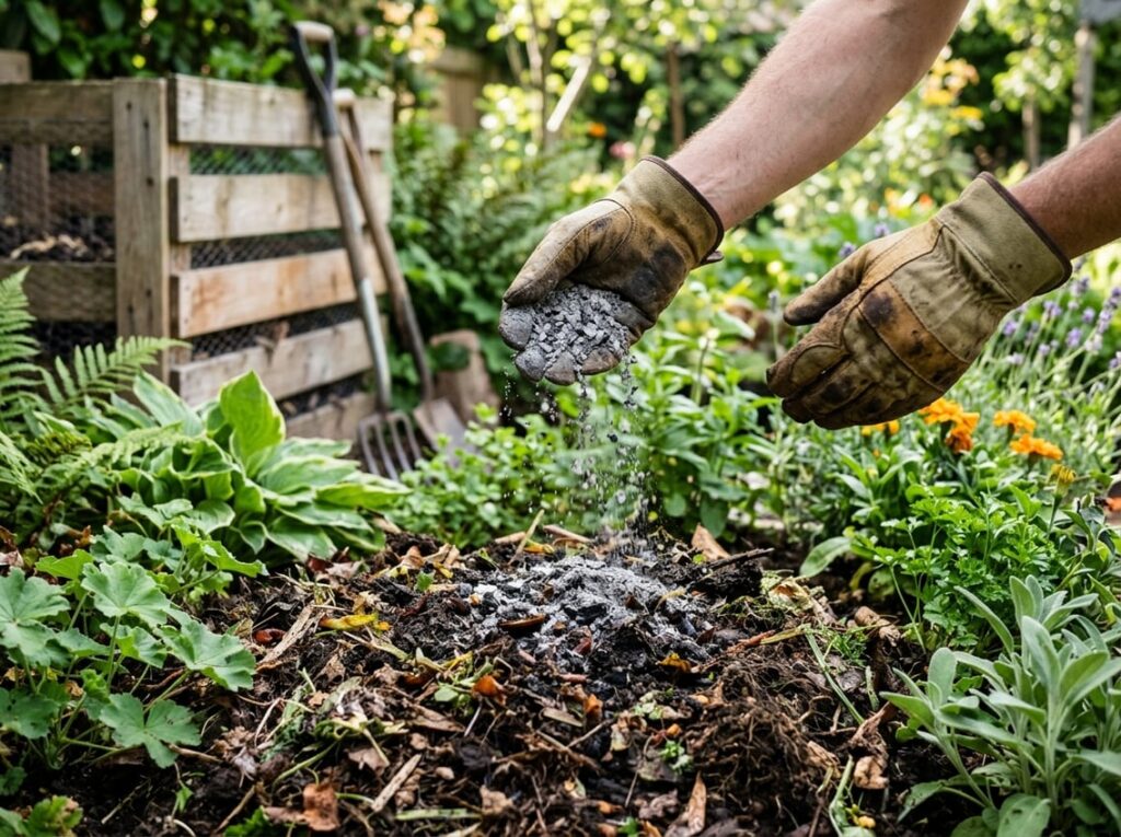 Hands wearing gloves sprinkling BBQ charcoal ash onto a compost pile in a garden.