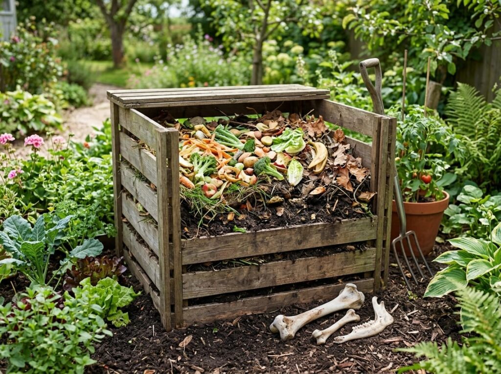 A compost bin outdoors with vegetable scraps and leaves, and animal bones placed beside it in a garden setting.