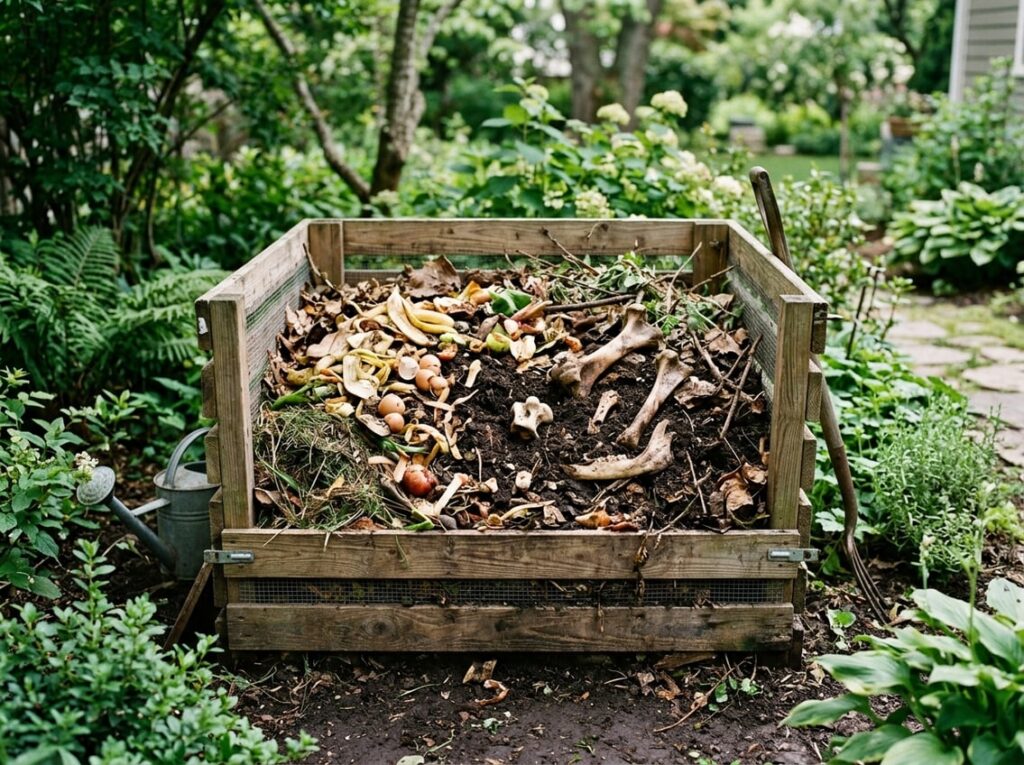 A compost bin outdoors filled with organic waste including animal bones, surrounded by plants and soil.