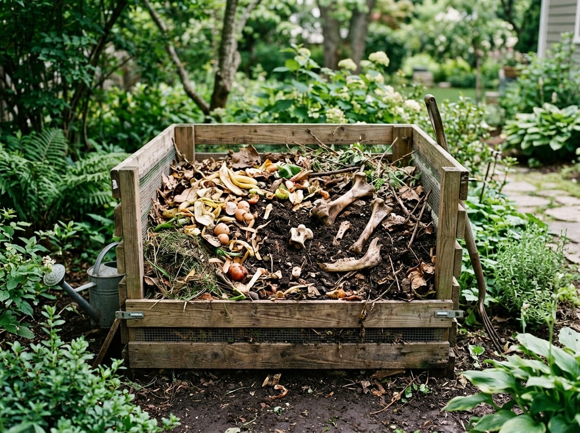 A compost bin outdoors filled with organic waste including animal bones, surrounded by plants and soil.