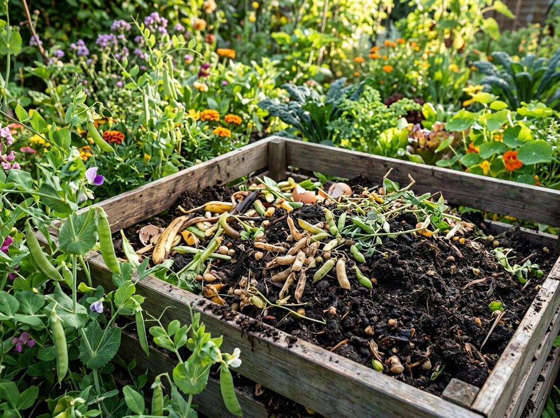 Close-up of a compost bin with chickpea pods and organic waste surrounded by a green garden.