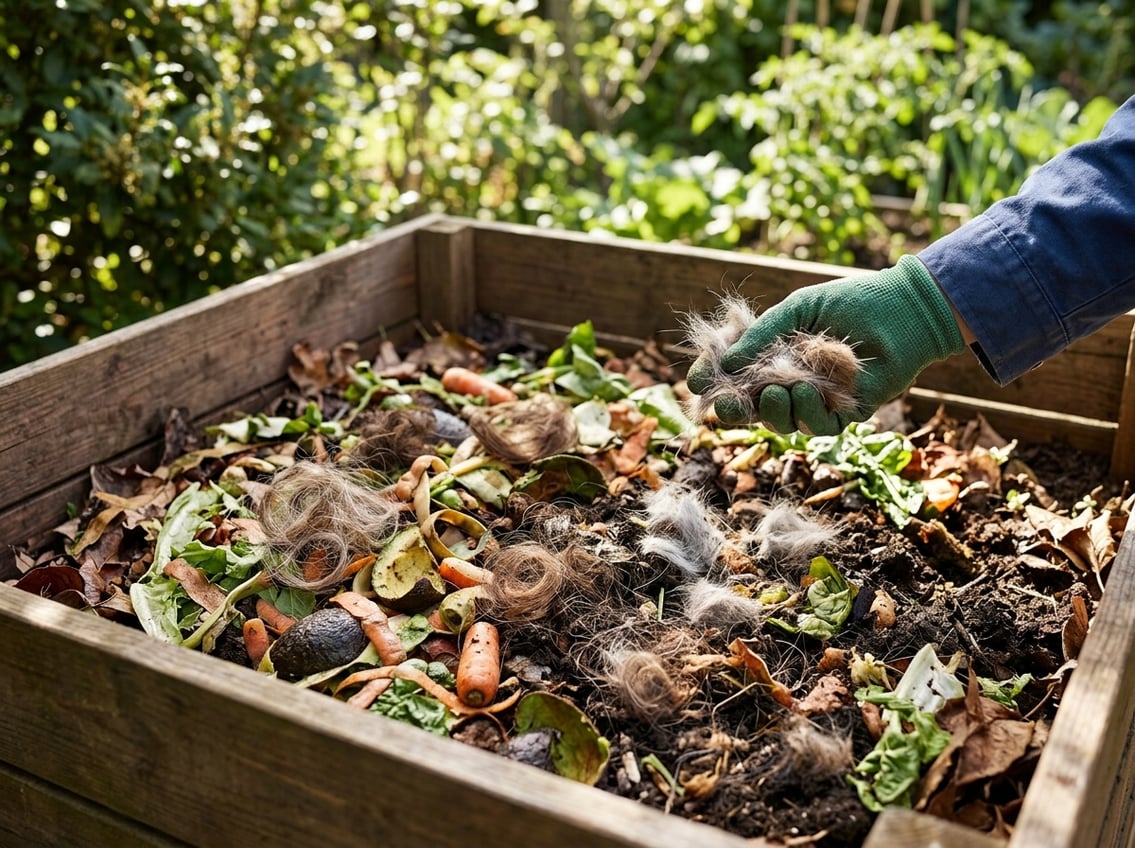 Close-up of a compost bin with hair and pet fur mixed with organic waste outdoors in a garden, with a person adding fur to the pile.