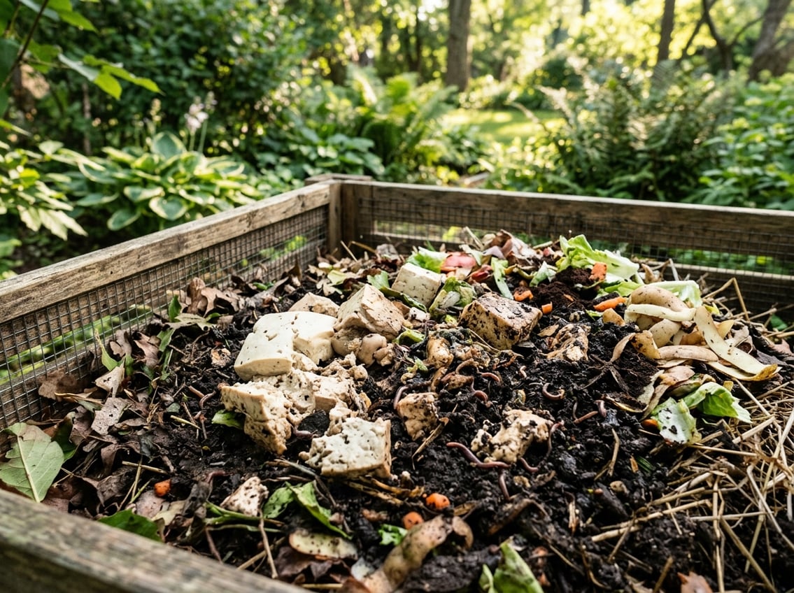 Close-up of tofu pieces decomposing in a compost bin outdoors with soil, leaves, and earthworms visible.
