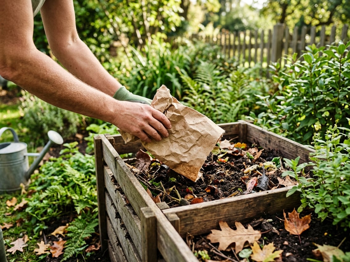 Hands placing crumpled packing paper into a compost bin outdoors surrounded by green plants and soil.