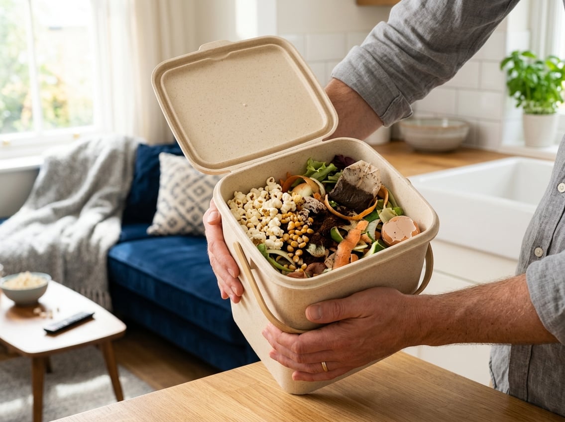 Hands holding a compost bin filled with popcorn and kitchen scraps in a bright kitchen with a cozy living room in the background.