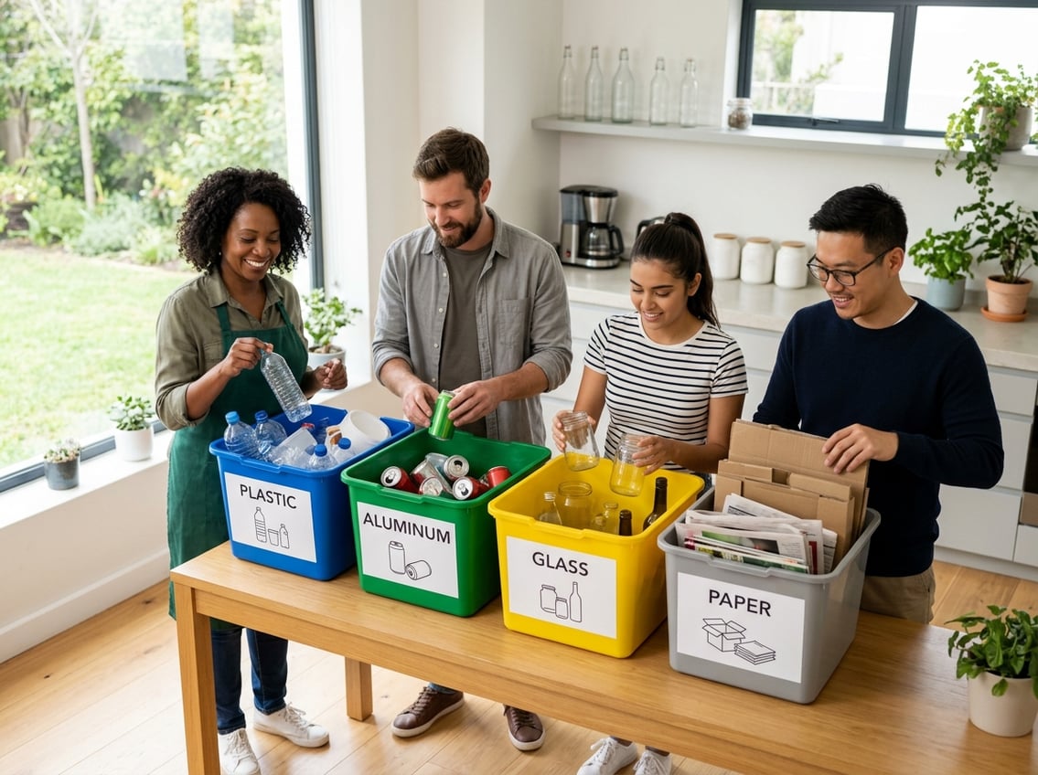 People sorting recyclable household items into labeled bins in a bright, clean space.
