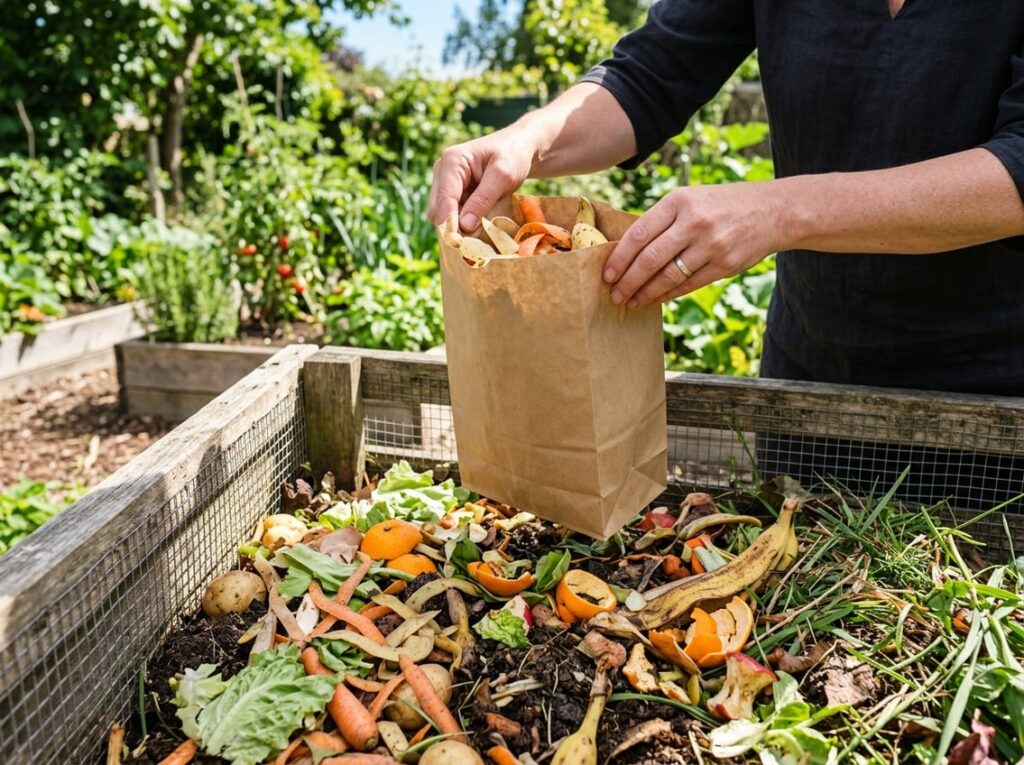 Hands putting a brown paper bag into a compost bin filled with organic waste in a garden.